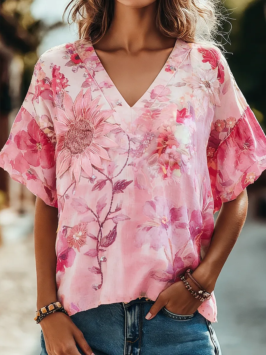Women's Pink Sunflower Watercolor Art Pattern V-neck Short sleeved Top