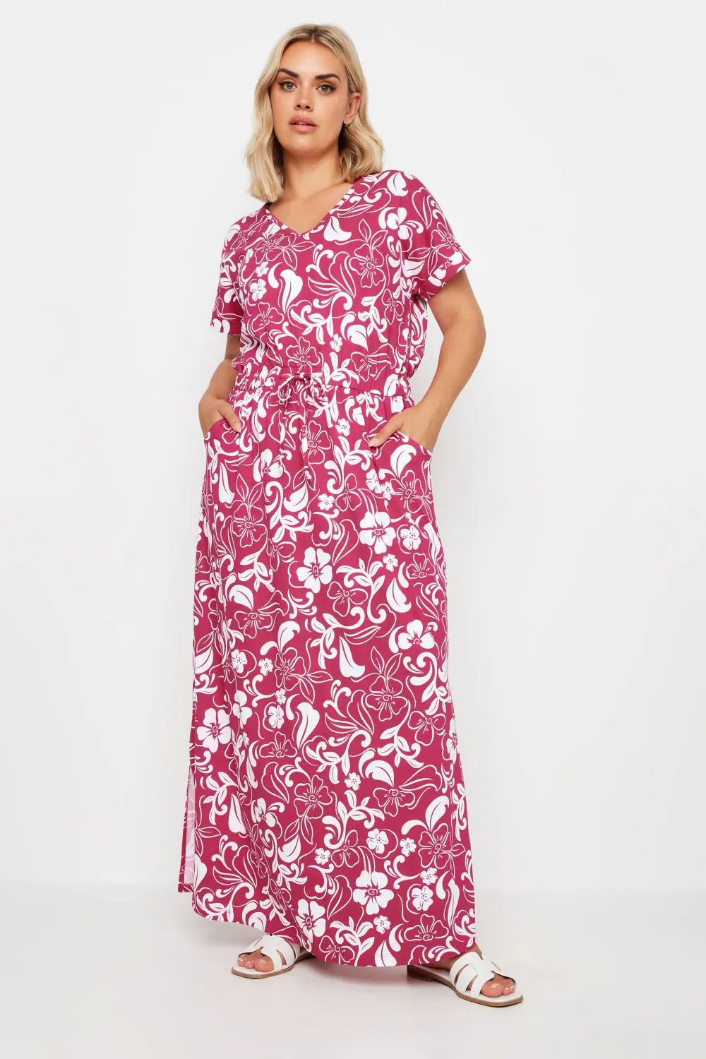 YOURS Curve Pink Floral Print Tie Waist Maxi Dress
