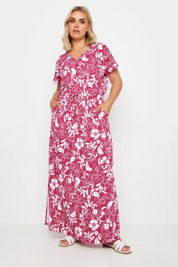 YOURS Curve Pink Floral Print Tie Waist Maxi Dress