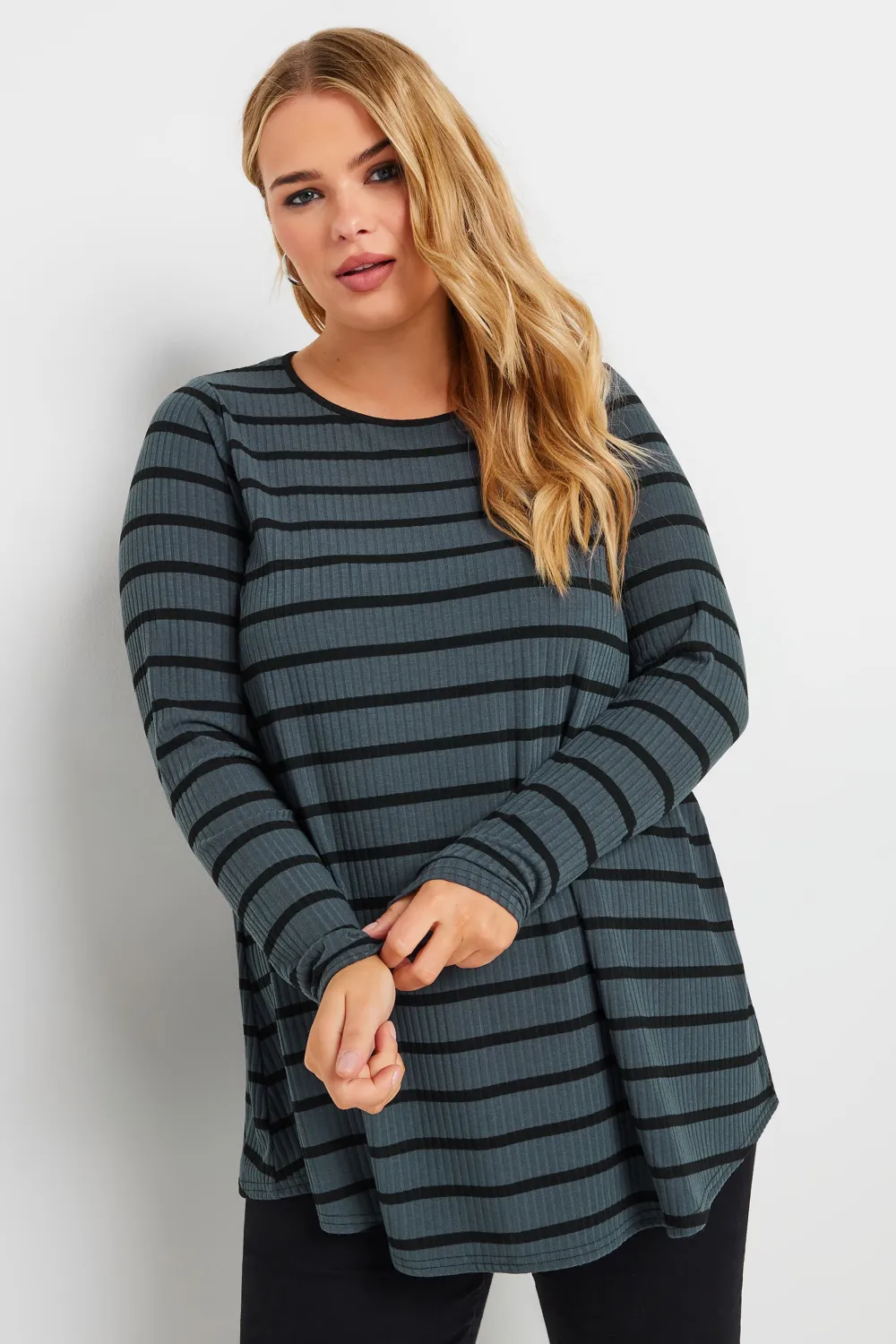 YOURS Curve Black Long Sleeve Ribbed Swing Top
