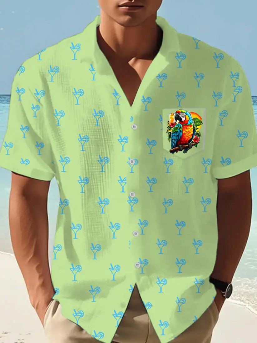 Men's It's 5 O'clock Everywhere Hawaiian Parrot Print Casual Waffle Pocket Shirt