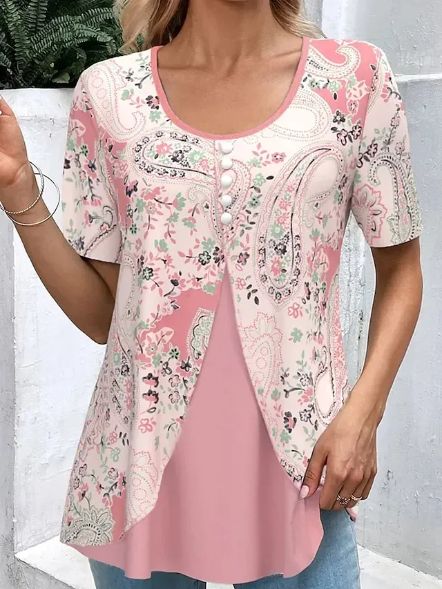 Women's Shirt Blouse Pink Floral Button Print Short Sleeve Casual Holiday Streetwear Round Neck Regular Floral S