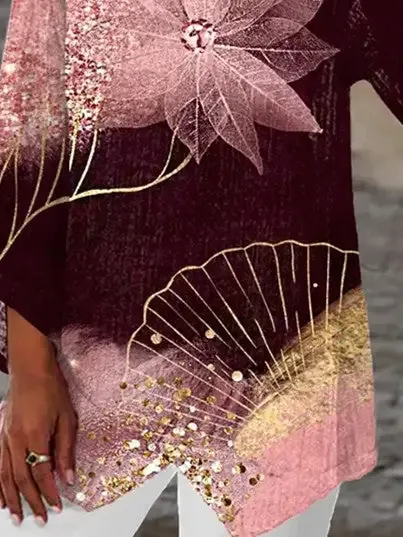 Women Asymmetrical 3/4 Sleeve Scoop Neck Floral Printed Graphic Top Dress