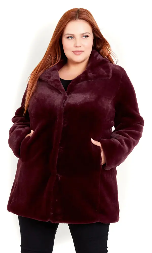 Evans Burgundy Red Faux Fur Coat