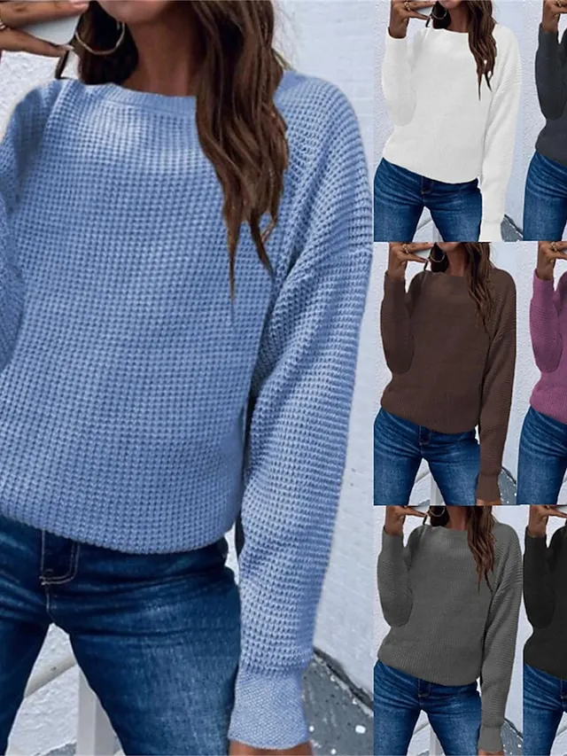 Women's Pullover Sweater Jumper Crew Neck Waffle Knit Acrylic Oversized Fall Winter Regular Outdoor Daily Going out Stylish Casual Soft Long Sleeve Solid Color Black White Blue S M L