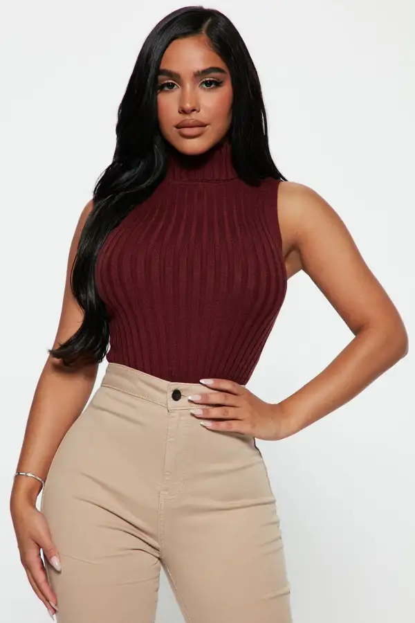 Tangled Up Ribbed Turtleneck Sweater Tank - Burgundy