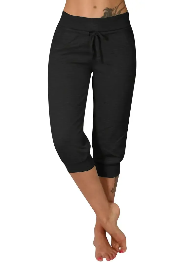 Solid & Casual Elastic Capri Pants - Women's Clothing