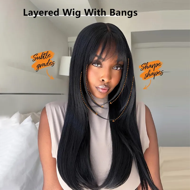 Super Double Drawn 13×6 Full Lace Layered Straight Human Hair Wig With Bangs