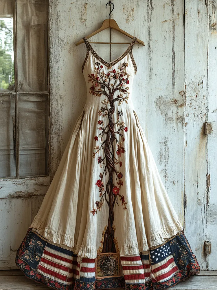 Women's Vintage Independence Day Flag Life Of Tree Art Linen Maxi Dress