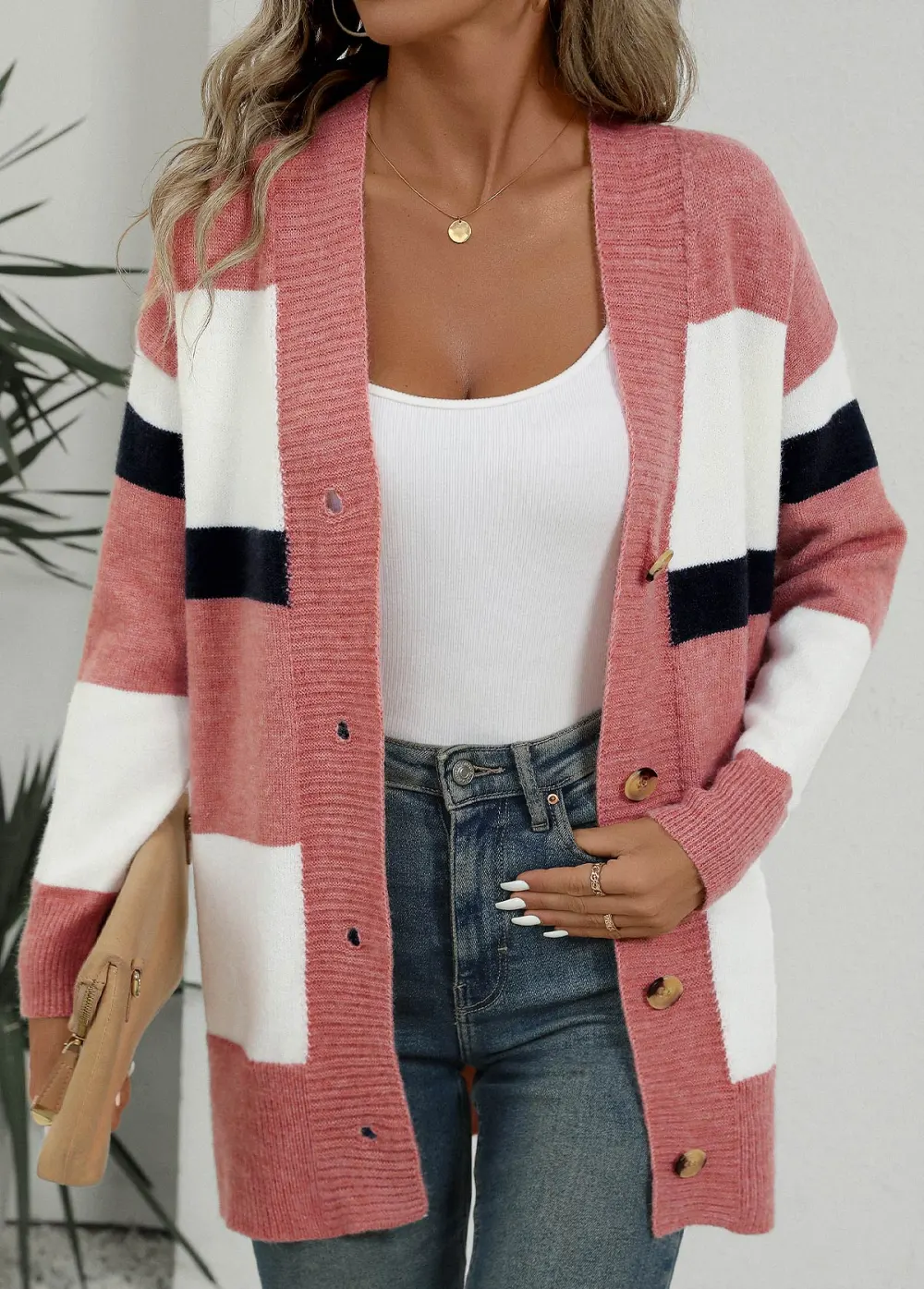 Pink Button Striped Long Sleeve Cardigan