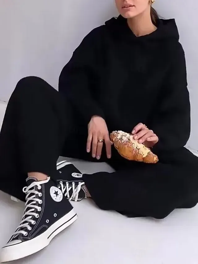 Women's Fashion Streetwear Daily Hoodie Sweatpants Long Sleeve Crew Neck Plain Drawstring Casual Daily Black White Blue Fall Regular Fit