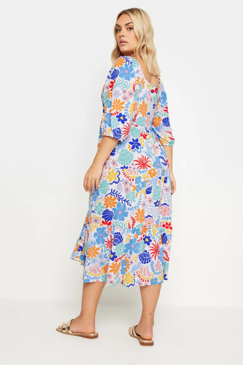 YOURS Curve White Floral Print Button Front Tiered Midi Dress