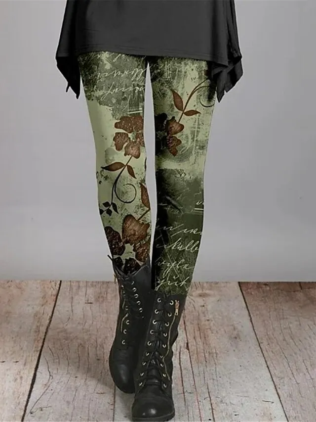 Women's Floral Pattern Leggings Full Length Print Micro-elastic High Waist Vintage Ethnic Style Halloween Daily Wear S 5XL Fall & Winter
