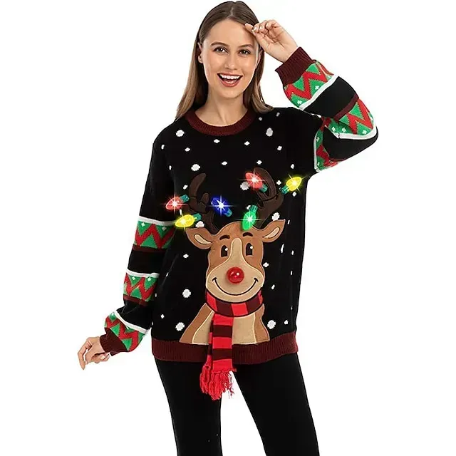Womens LED Light Up Reindeer Ugly Christmas Sweater