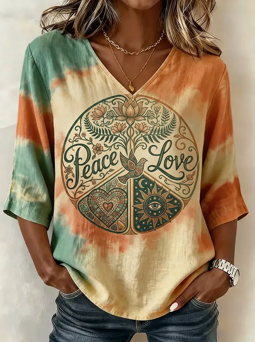 Women's Nashville Peace Love Dove Tie-Dye Printed V-Neck Top