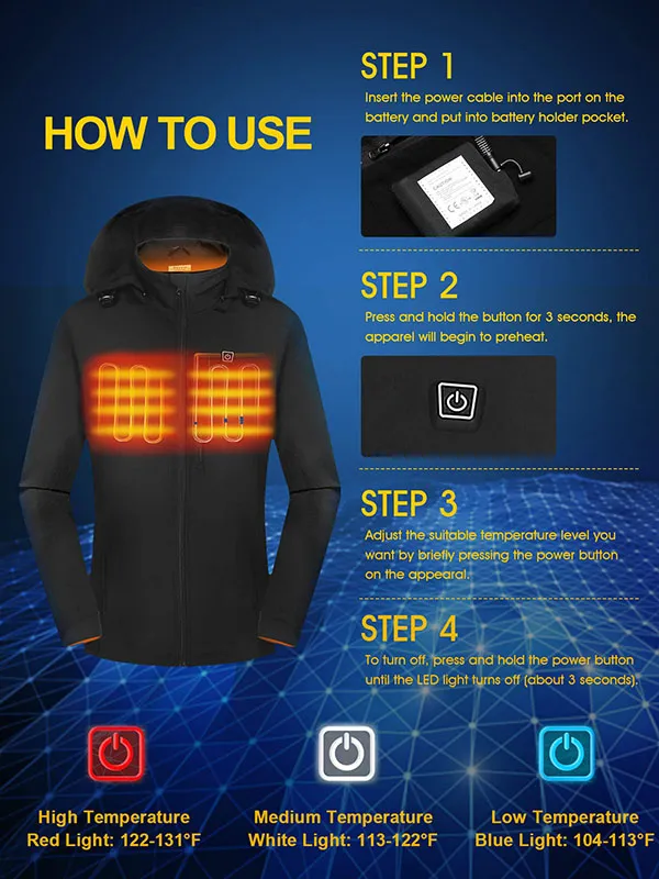Women's heated jacket, winter windproof jacket, warm jacket with battery pack and detachable hood