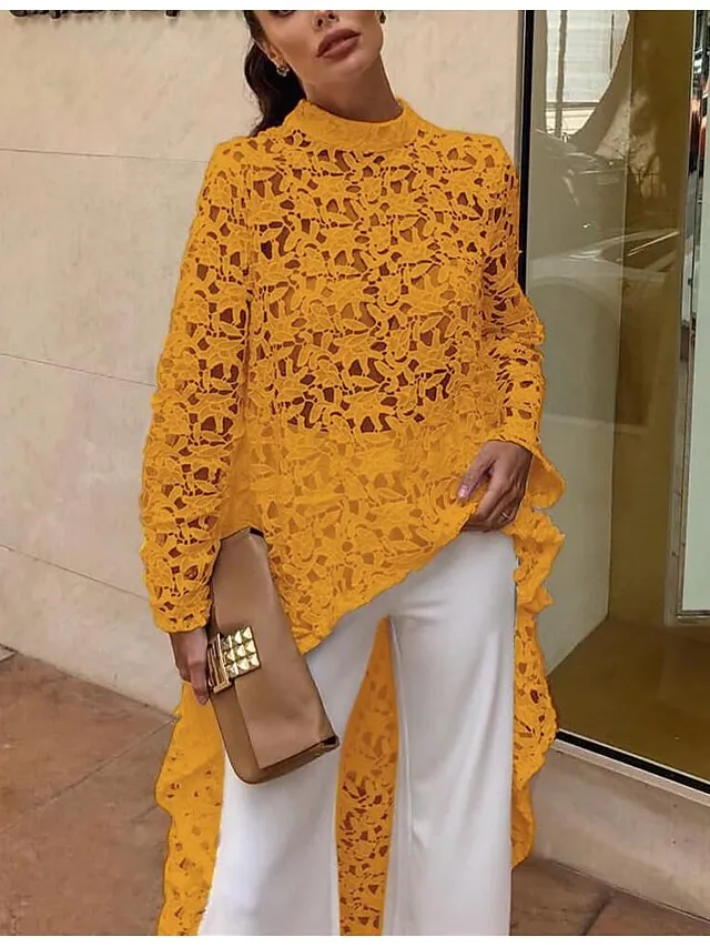 Women's Shirt Blouse Tunic Black White Yellow Plain Lace See Through Long Sleeve Casual Going out Elegant Round Neck Long Slim S