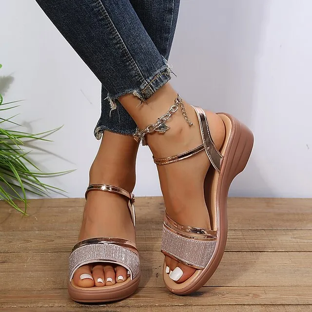 Women's Sandals Wedge Sandals Sparkling Glitter Wedge Heel Open Toe Casual Faux Leather Glitter Ankle Strap Silver Gold