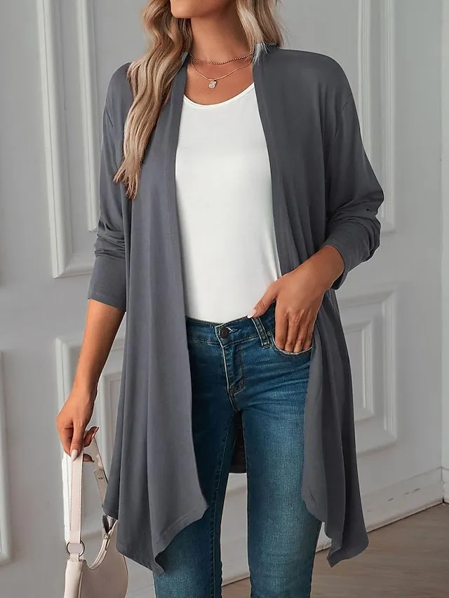 Women's Cardigan Crew Neck Knit Asymmetric Hem Spring Fall Daily Casual Long Sleeve Solid Color Plain Black Wine