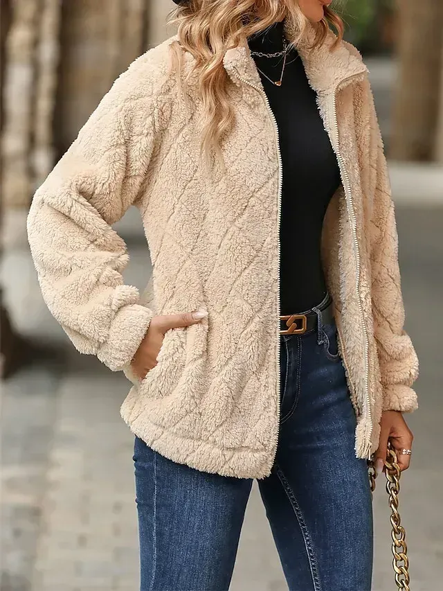 Women's Fleece Jacket Sherpa Jacket Teddy Coat Windproof Warm Outdoor Street Daily Wear Vacation Zipper Pocket Zipper Turndown Plush Modern Casual Street Style Plain Regular Fit Outerwear Long Sleeve