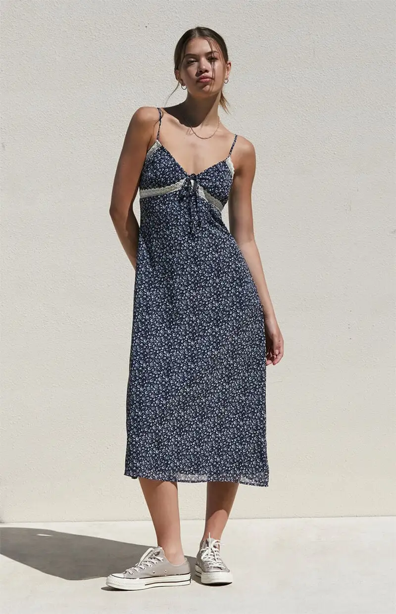 LA Hearts Floral Lace Trim Midi Dress