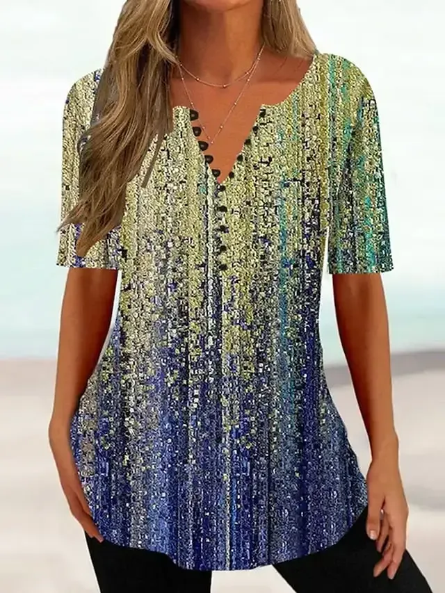 Women's T shirt Tee Blue Green Khaki Graphic Floral Button Print Short Sleeve Casual Basic V Neck Regular Floral S