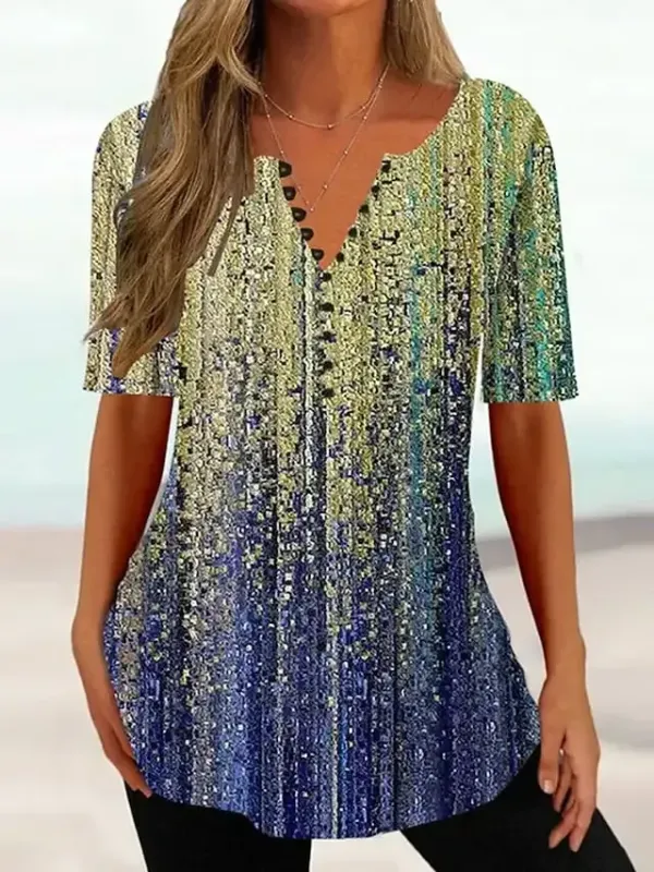 Women's T shirt Tee Blue Green Khaki Graphic Floral Button Print Short Sleeve Casual Basic V Neck Regular Floral S