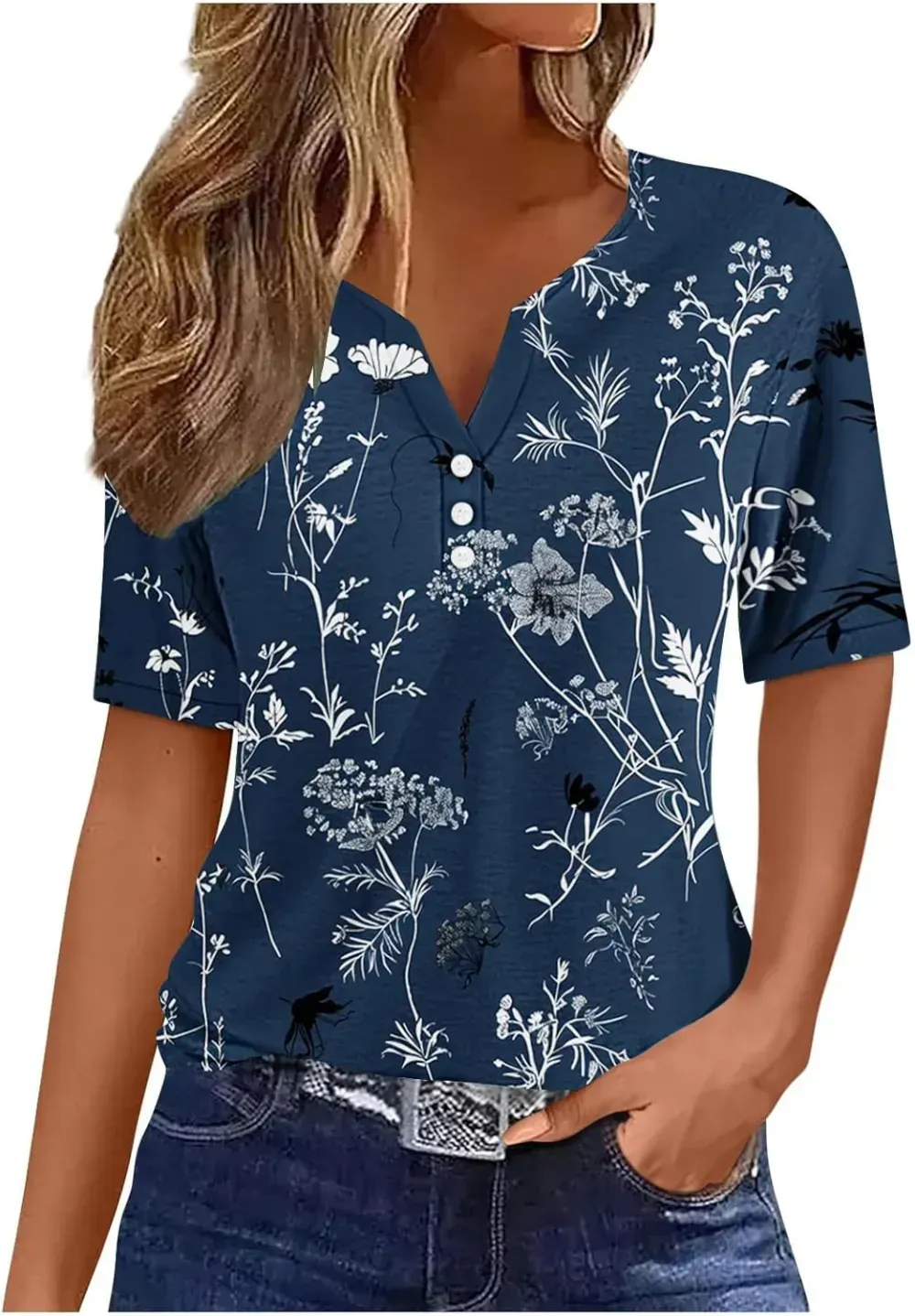Shirts for Women Casual Printed Summer Tops Short-Sleeved Button V-Neck Tops Blouse Fashion Boho T-Shirts