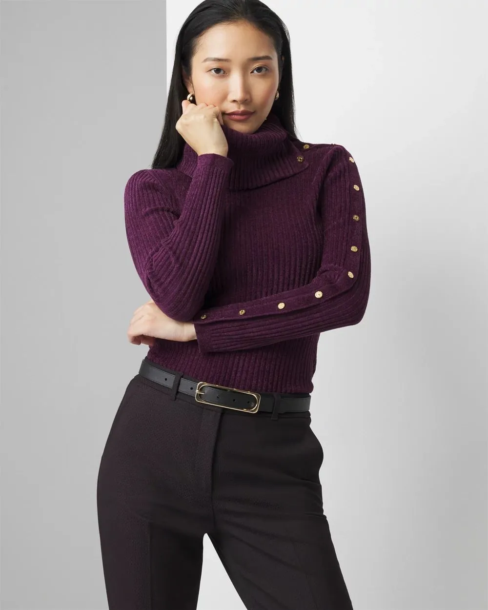 Petite Chenille Button Sleeve Pullover