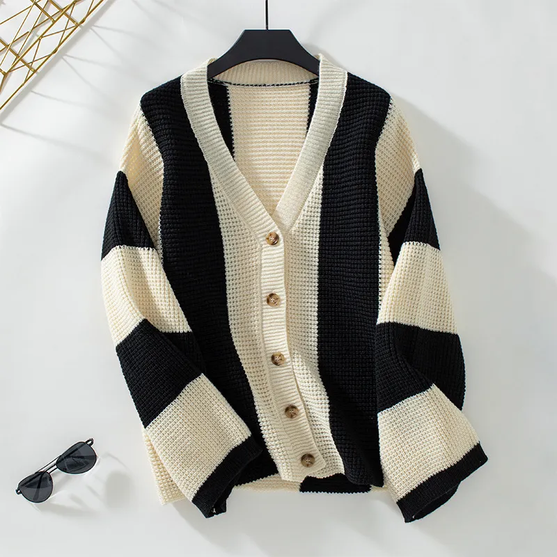 Contrast Color Striped Knitted Sweater Cardigan