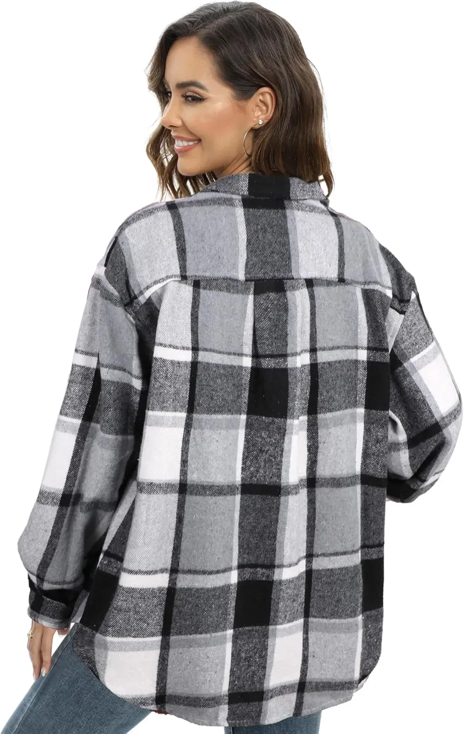 Women's Casual Plaid Flannel Shacket Jacket Oversized Button Down Long Sleeve Fall Shirts Jacket Lapel Coats Tops