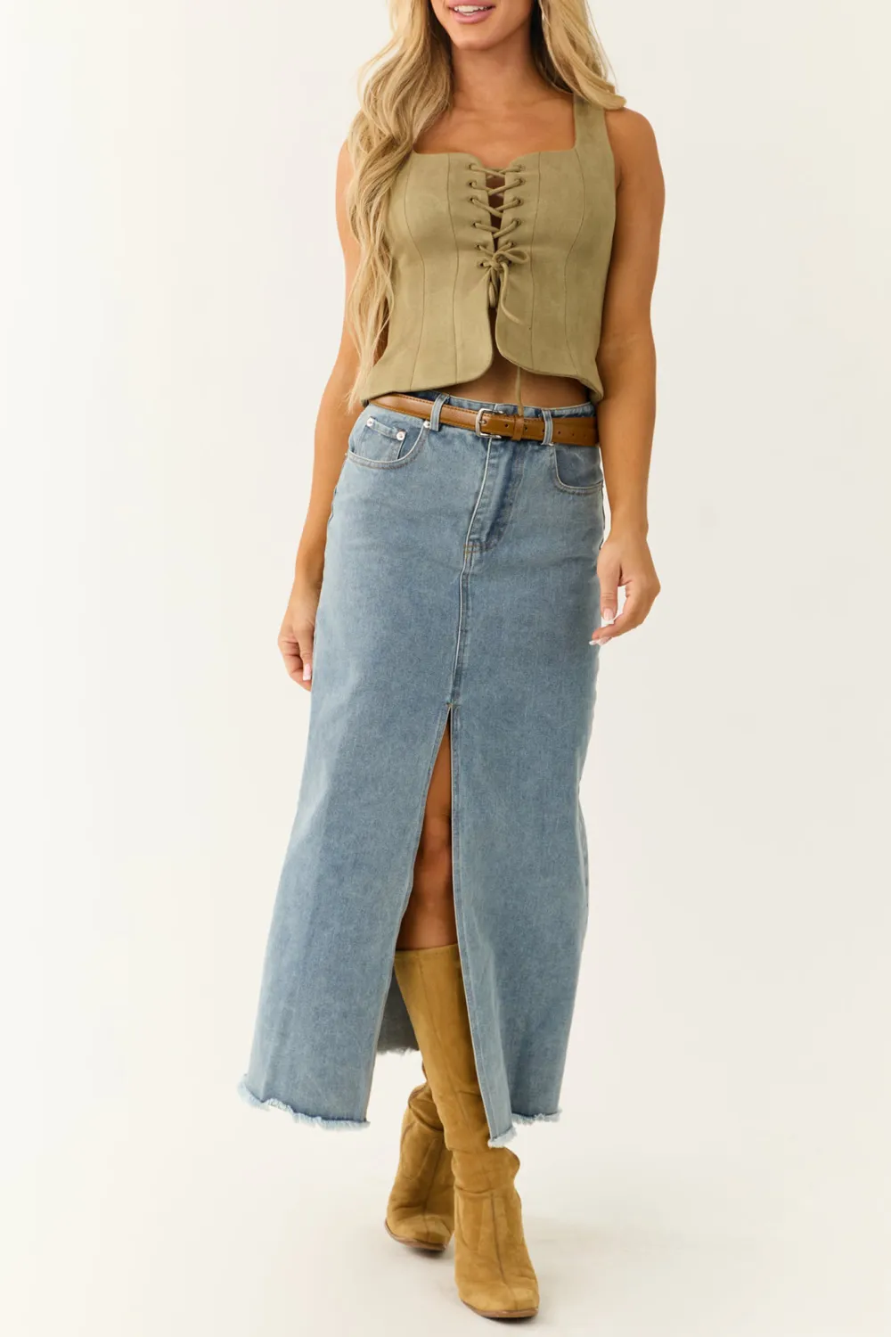 Faded Olive Princess Line Front Tie Cropped Top