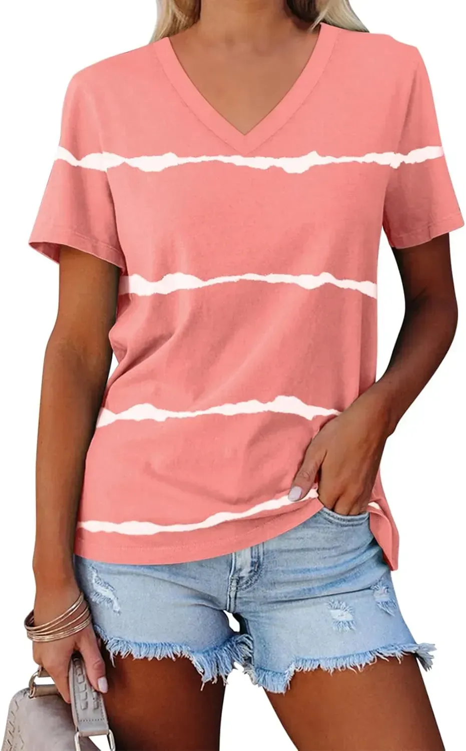 ORANDESIGNE Women's Color Block Short Sleeve T Shirts Casual V Neck Summer Tops Tees Loose Fit Blouses