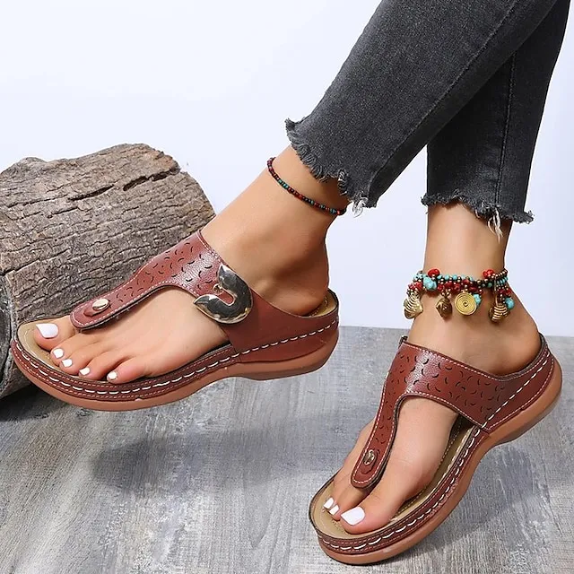 Women's Sandals Wedge Sandals Plus Size Outdoor Daily Summer Sequin Flat Heel Wedge Heel Open Toe Casual PU Leather Loafer Solid Colored Black Red Blue