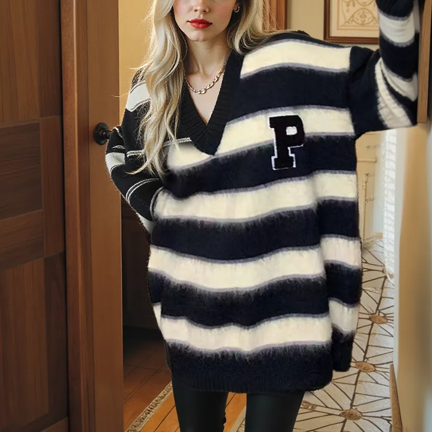 Casual Woolen Striped Long Sweater