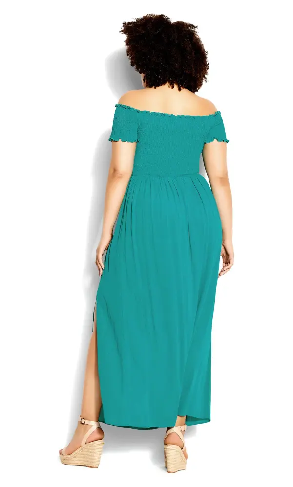 Evans Green Bardot Shirred Maxi Dress