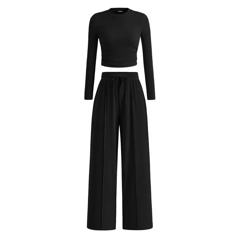 2-Piece Ribbed Knit Long Sleeve Crop Top Wide Leg Pants