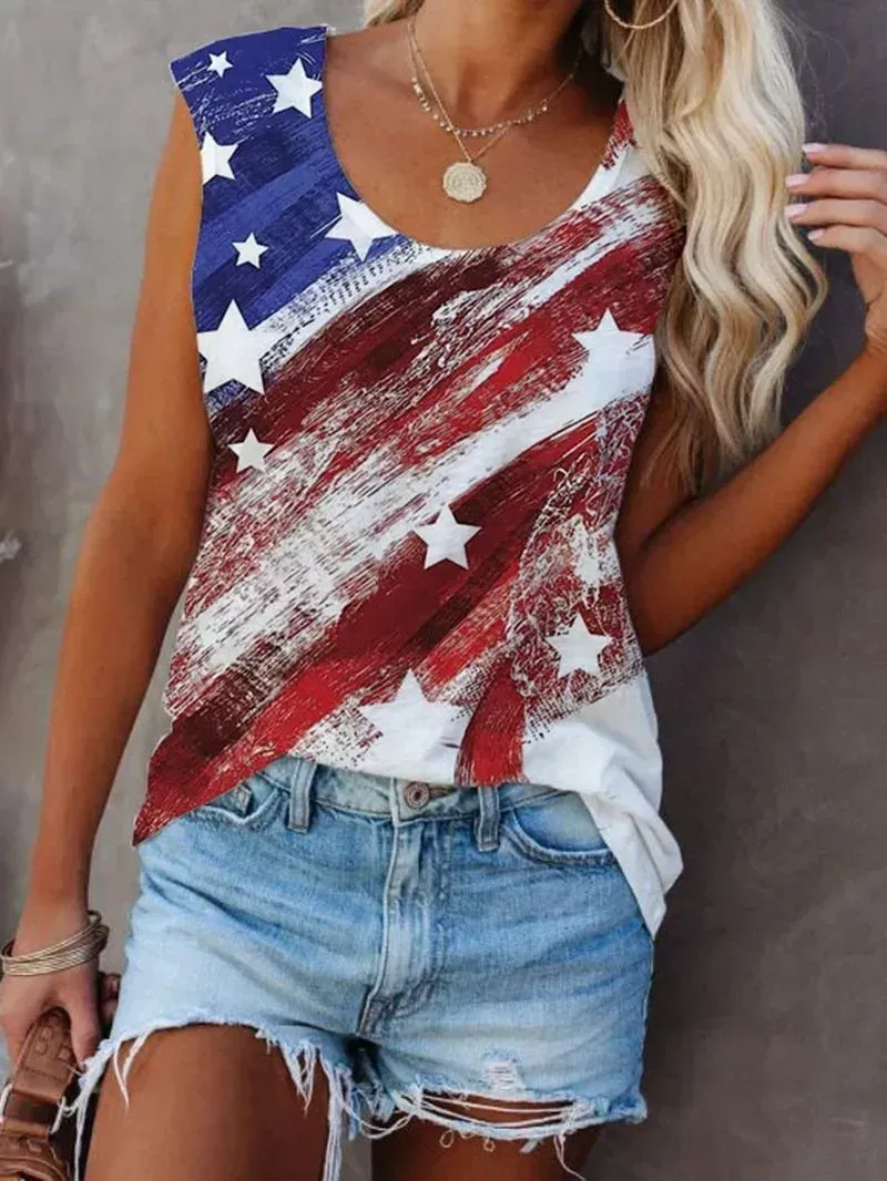 Women Sleeveless Scoop Neck  Star Printed Top