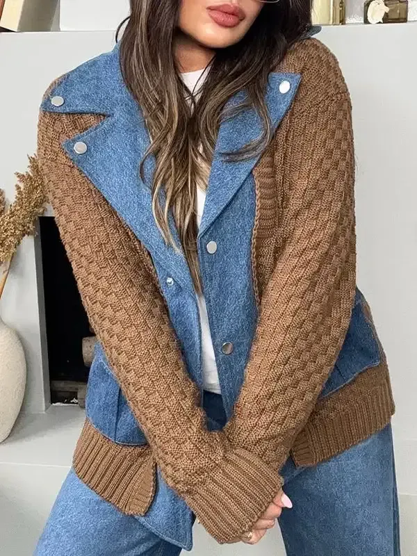 Women's Lapel Stitching Sweater Casual Top