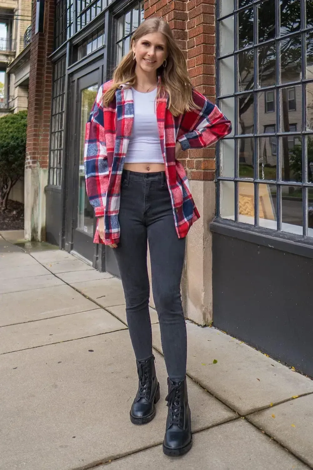 Women's 2023 Fall Clothes Plaid Shacket Jacket Long Sleeve Button Down Flannel Shirts Fashion Blouse