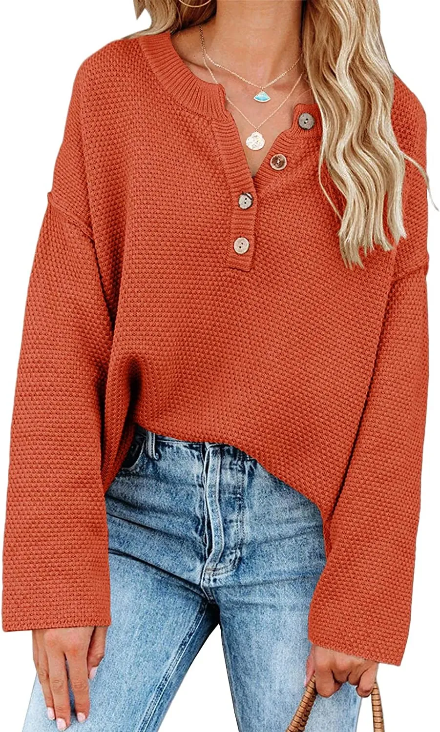 Women's Oversized Sweaters Batwing Long Sleeve Loose V Neck Button Henley Tops Pullover Knit Jumper