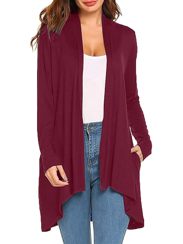 Women's Cardigan Sweater Open Front Ribbed Knit Knit Pocket Summer Fall Outdoor Daily Weekend Stylish Casual Soft Long Sleeve Solid Color Black White Wine S M L