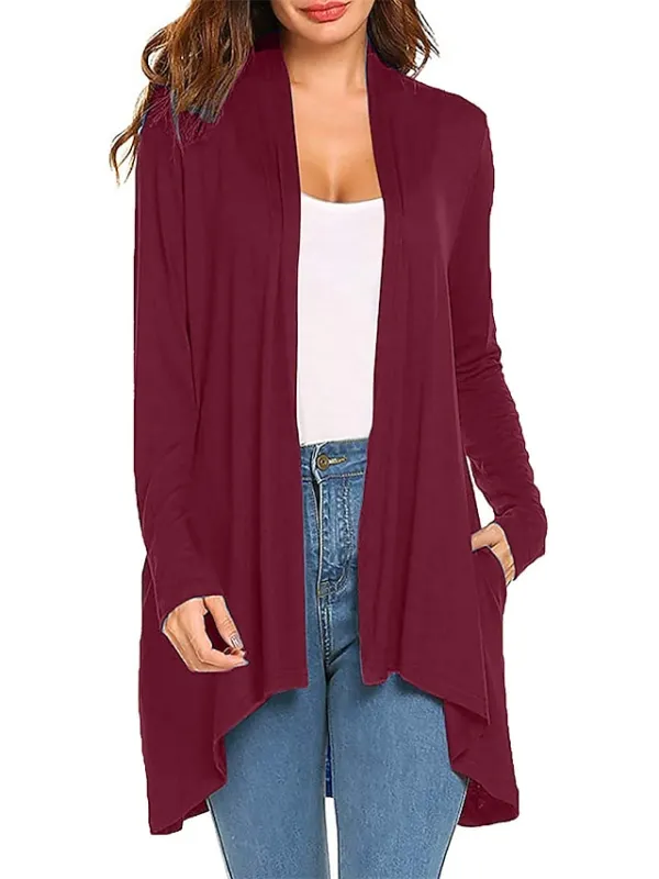 Women's Cardigan Sweater Open Front Ribbed Knit Knit Pocket Summer Fall Outdoor Daily Weekend Stylish Casual Soft Long Sleeve Solid Color Black White Wine S M L