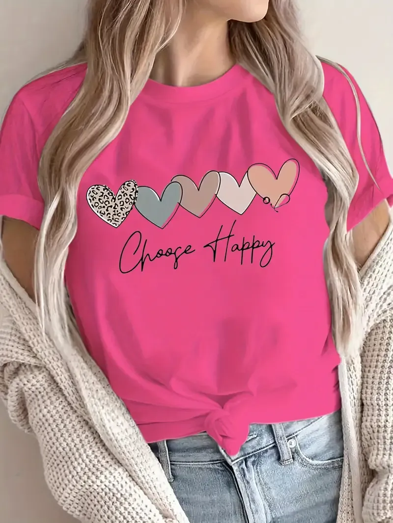 Plus Size Heart & Letter Print T-Shirt, Casual Short Sleeve Top For Spring & Summer, Women's Plus Size Clothing