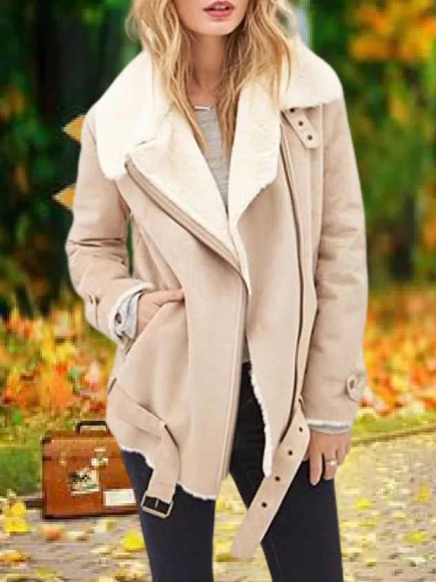 Beige Casual Plain Faux Fur Shawl Collar Jacket