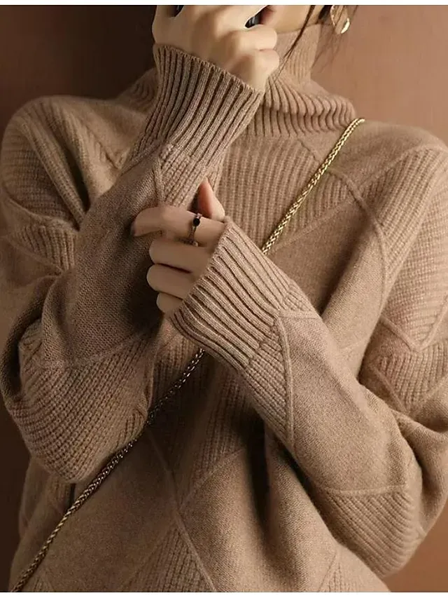 Women's Sweater Pullover Sweater Jumper Casual Soft Pure Color Ribbed Turtleneck Knitted Long Sleeve Regular Tops Knit Outdoor Daily Weekend Black Yellow Fall Winter