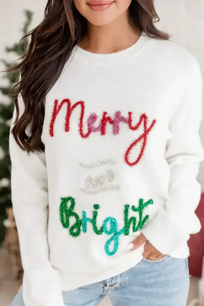Merry And Bright Tinsel Cream Sweater