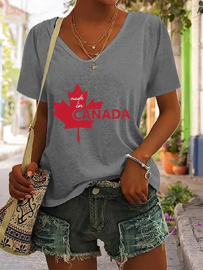 Women's Canadian Maple Leaf Print V-Neck T-Shirt