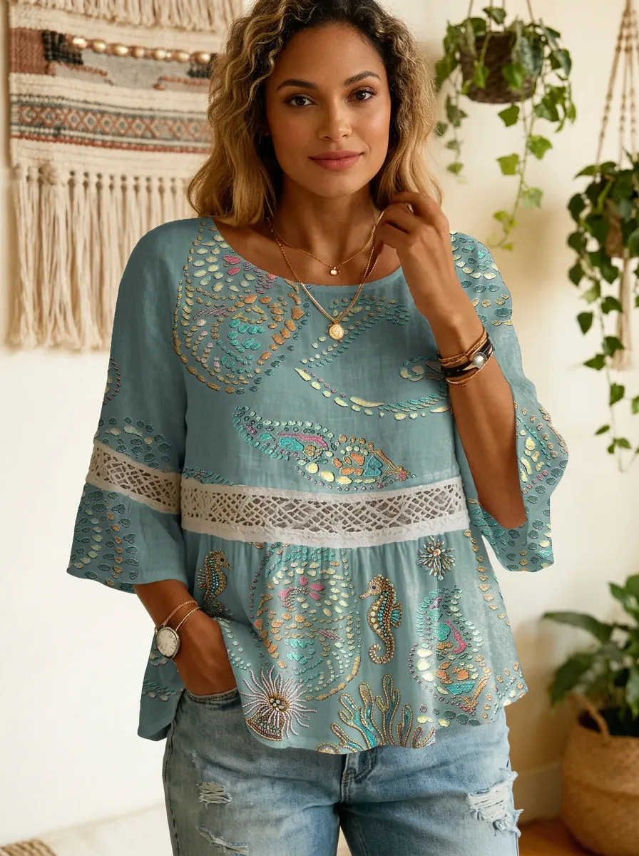 Women's Nashville Sea Life Seahorse Lace Trim Printed Top