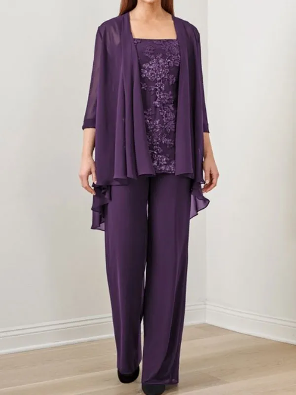 Suit Sequined Chiffon Embroidered Top + Chiffon Long Pants